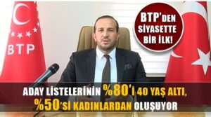 Bağımsız Türkiye Partisi (BTP): Milletvekili aday listelerinin yüzde sekseni 40 yaş altı gençlerden, yüzde ellisi de kadınlardan oluşacak
