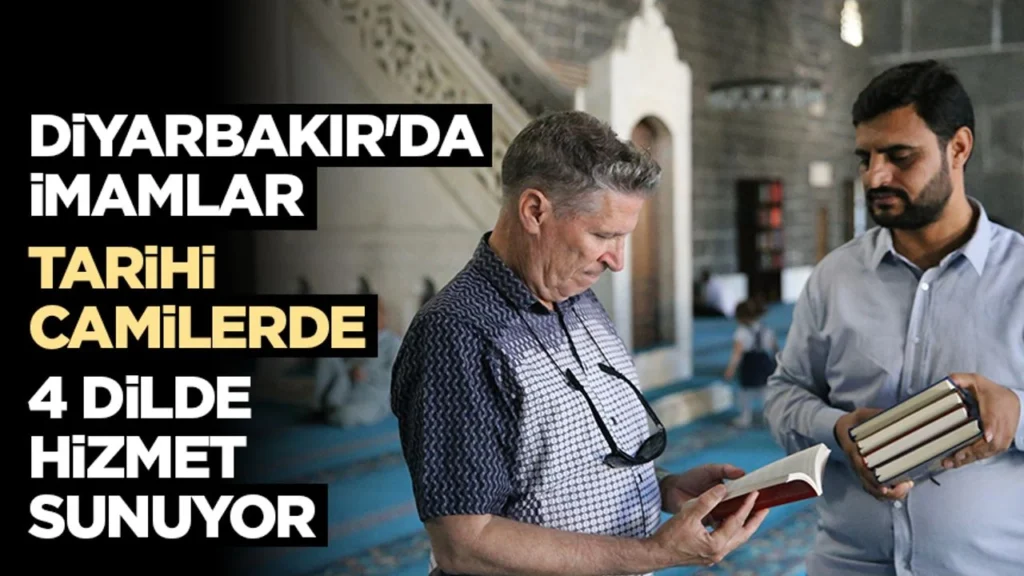 Diyarbakır’da imamlar, görev yaptıkları tarihi camileri ziyaret eden yerli ve yabancı turistlere 4 dilde rehberlik hizmeti sunuyor.